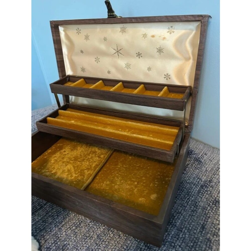 Vintage MCM Faux "Wood" Jewelry Box with Gold Velvet Interior
